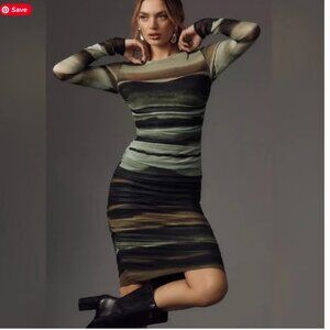 Anthropologie Ruched Mock-Neck Long-Sleeve Midi Dress | green | size S